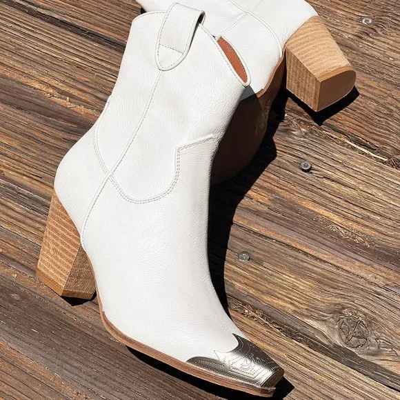 NEW White PU Leather Metal Cap Toe Block Heel Cowgirl Cowboy Western Ankle Boots - Picture 7 of 16